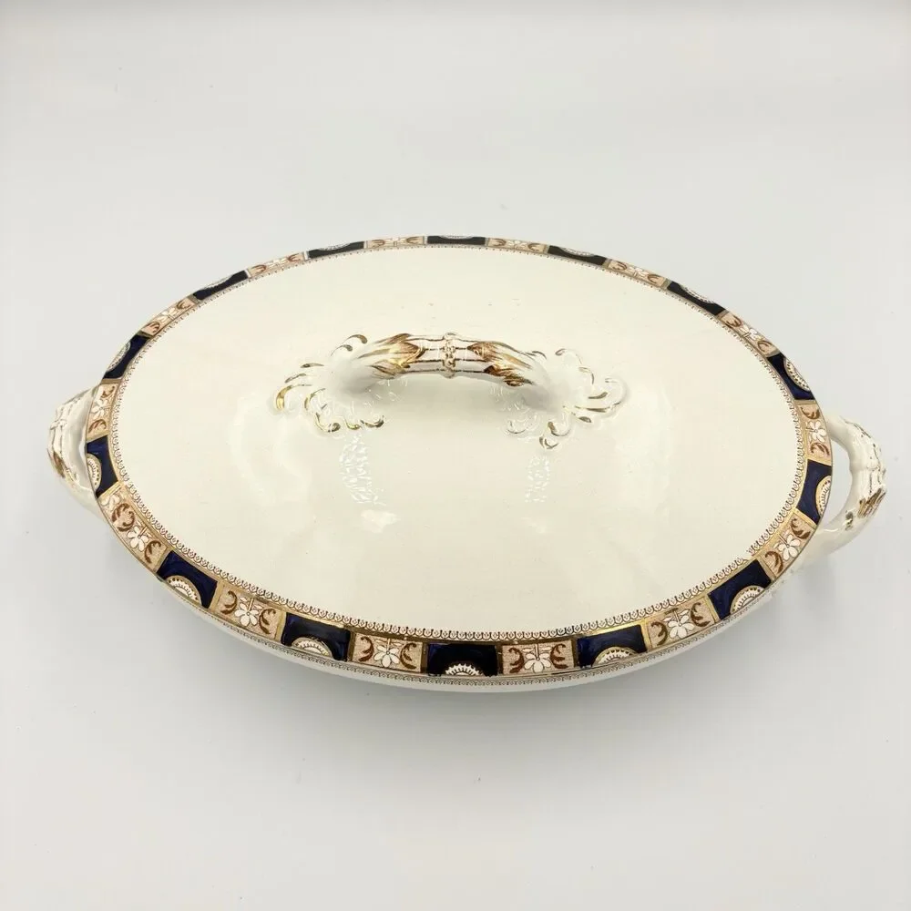 1915 antique Royal Sydneyware William Lowe Covered  Oval Dish  China‎ Blue Gold